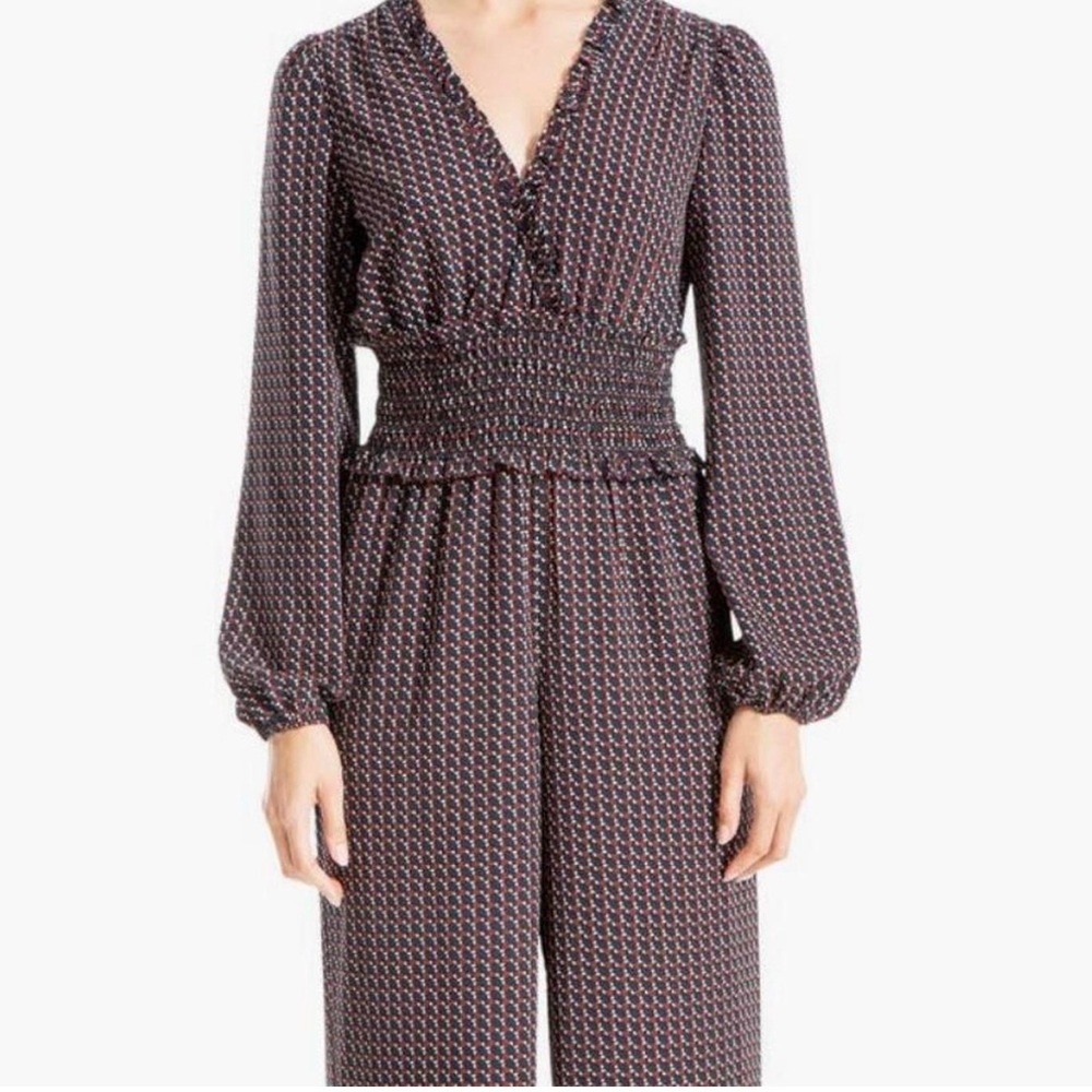 Max Studio Ruffed Smocked long sleeve Elegant burgundy White Jumpsuit